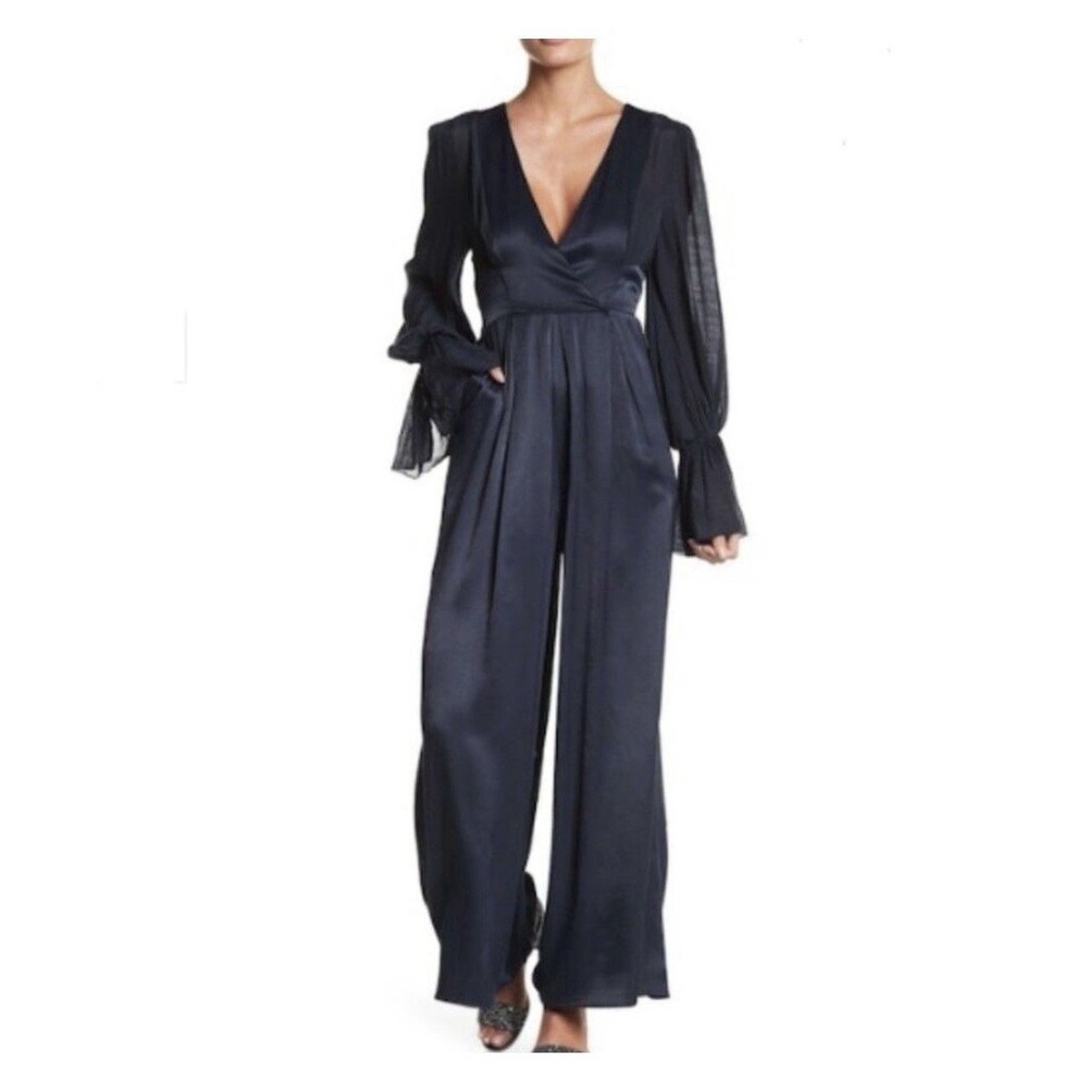 Free People NWT Not Your Baby Sz 0 Satin Jumpsuit Carbon Black Navy Retail $168